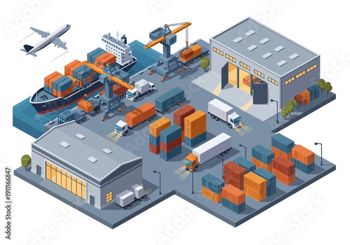 Industrial facility with warehouses, cargo ships, and transportation infrastructure depicted in an isometric illustration view