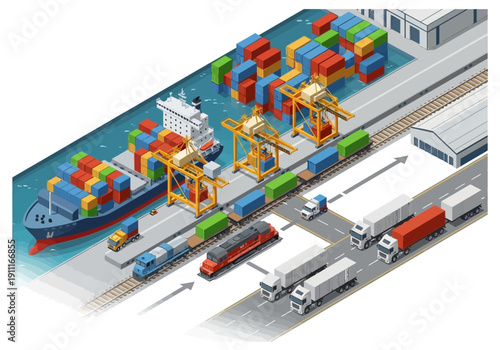 Logistics and transportation hub featuring a cargo ship, trains, and trucks, with containers being transferred between modes of transport, viewed from an isometric perspective.