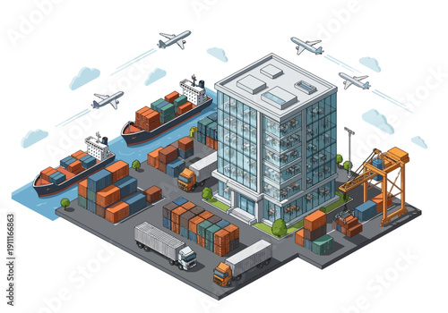 Aerial view of a bustling logistics hub with cargo ships, airplanes, and containers near a modern building