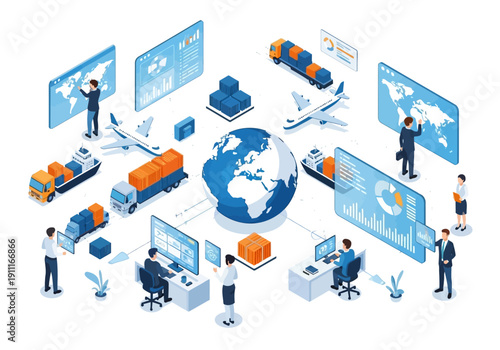 Global logistics and transportation network visualization with people working on computers and managing shipments around the world