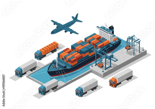 Cargo ship docked at a bustling industrial port with containers and trucks, viewed from above, featuring logistics and transportation infrastructure