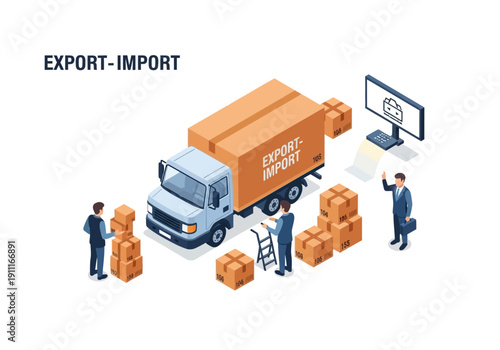 Logistics operation scene with workers loading cargo onto a truck for export-import purposes from a computer screen viewpoint