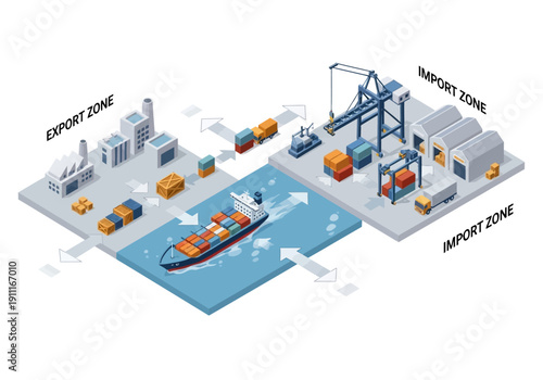 Cargo ship docked at a port with import and export zones, illustrating logistics and transportation operations from an aerial viewpoint