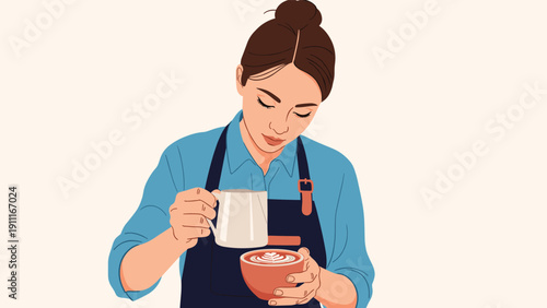 Dedicated young female barista in an apron skillfully pouring milk to create beautiful latte art in a cup of fresh coffee.