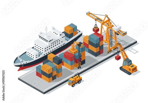 Isometric view of a bustling dock with cranes, cargo ships, and containers in an industrial environment