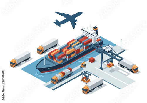 Logistics hub with cargo ship, trucks, cranes, and airplane in aerial view