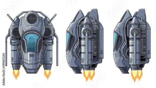 Detailed orthographic views of a futuristic sci-fi spacecraft showing the top, side, and rear perspectives with glowing engine exhaust flames.