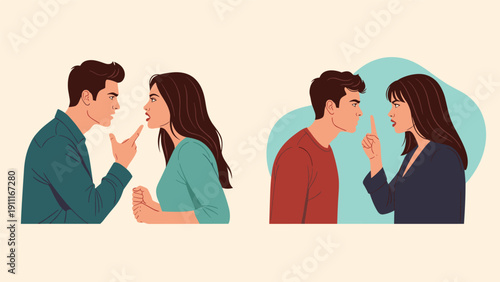 Two illustrations of a young man and woman in a heated argument with aggressive gestures depicting conflict and relationship difficulties.