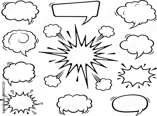 Large center burst with surrounding comic cloud bubbles and explosive smoke effects for impactful visual storytelling and graphic design on transparent background