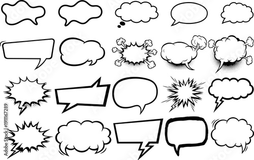Comic speech bubbles collection with various shapes and explosive cloud effects on transparent background for graphic design manga and cartoon storytelling art