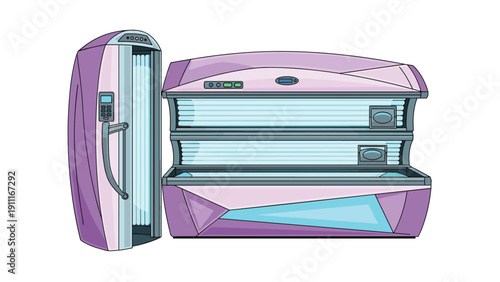 Professional tanning salon equipment featuring both horizontal and vertical uv tanning bed models isolated on a clean white background.