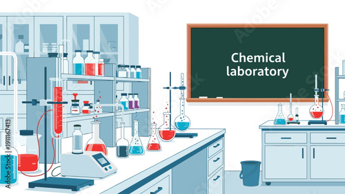 Interior of a chemical science laboratory featuring various glass flasks, test tubes, scientific equipment, and a green blackboard on the wall.