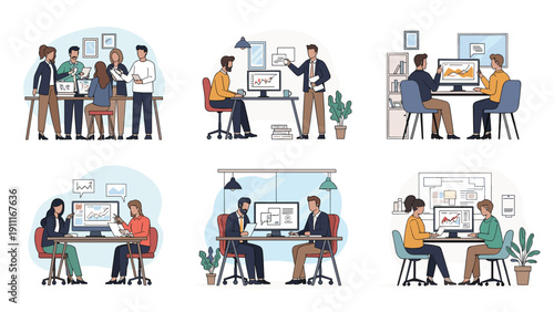 Collection of diverse scenes showing office workers collaborating on projects and using computers in a modern workspace.