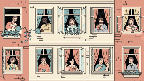 Diverse neighbors engaged in daily activities while looking out from windows of a multi-story urban apartment building illustration.