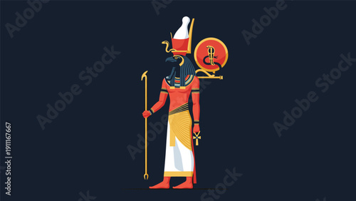 Detailed vector illustration of the ancient Egyptian god Horus standing with a staff and ankh symbol in traditional regalia.