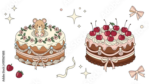 Charming illustration of two decorated cakes featuring a small mouse on top of one and fresh red cherries on the other cake.