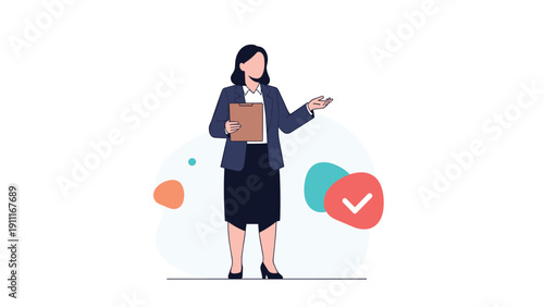 Professional woman character dressed in a suit holding a clipboard and gesturing during a business presentation or meeting.