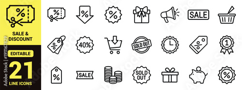 Sale Discount Line Icon Set, E-commerce Promotion and Shopping Offer Outline Vector Pack with Sale Tag, Coupon, Percent Badge, Megaphone, Cart, Sold Out Symbols Isolated on White