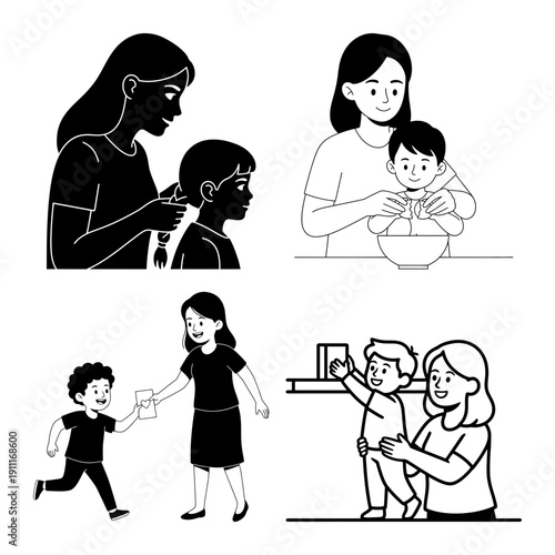 Dia de la Madre icon set with mom hugging son, bedtime reading, oval mother and baby cameo and heart family portrait