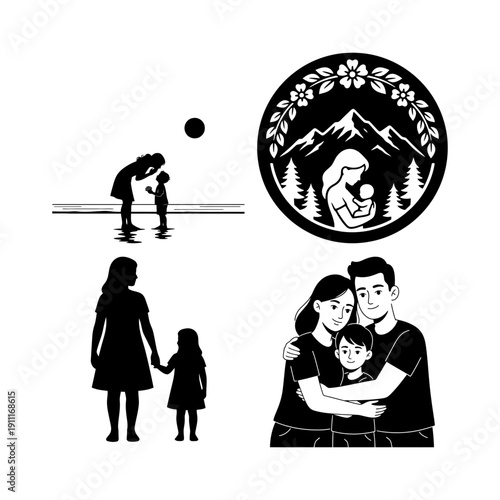 Dia de la Madre silhouette bundle with mother hugging child, mother holding baby, mountain badge and rose heart LOVE label