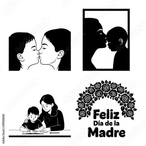 Dia de la Madre silhouette bundle with mother and child walk, family hug, seaside mother kiss scene and mountain floral emblem