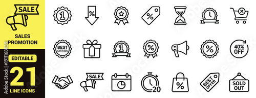 Shopping and sales promotion icon set with discount tags, shopping carts, best offer badges, special offer labels, delivery trucks, megaphones, and essential shopping ranking symbols in line‑art style