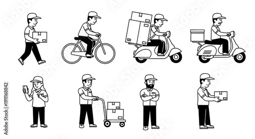Delivery service workers in various modes of transport and actions.