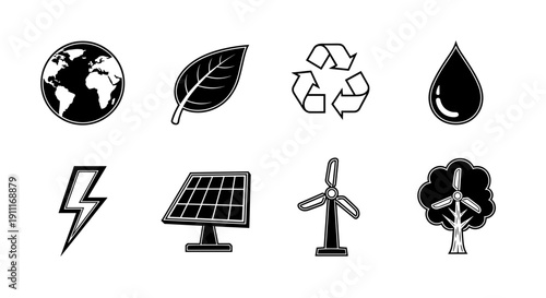 Set of icons representing renewable energy and environmental concepts.