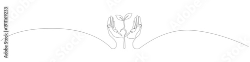 Continuous line illustration of two hands carefully holding and protecting a young plant sprout, one stroke line drawing representing ecology, growth, nature care, and environmental hope.