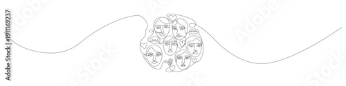 One line drawing set of diverse human faces with hearts and speech bubbles, continuous line art pack showcasing unity, community, and social connection in a modern minimalist style.