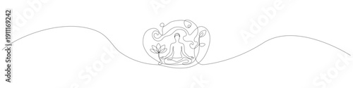 One line drawing of a person meditating in lotus pose with a lotus flower and abstract nature elements, minimalist continuous line art for wellness, yoga, and mindfulness concepts.