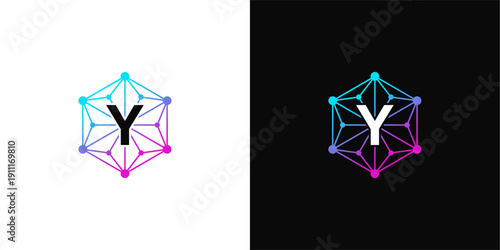 Dynamic letter Y logo design set within a vibrant gradient hexagon, featuring interconnected nodes and lines, perfect for modern technology, data, or network branding