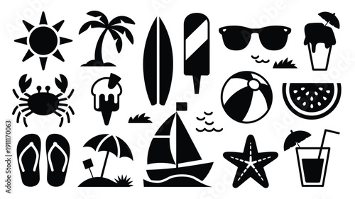 Black summer beach icons set with sun palm tree surfboard sunglasses crab umbrella sailboat and tropical drink