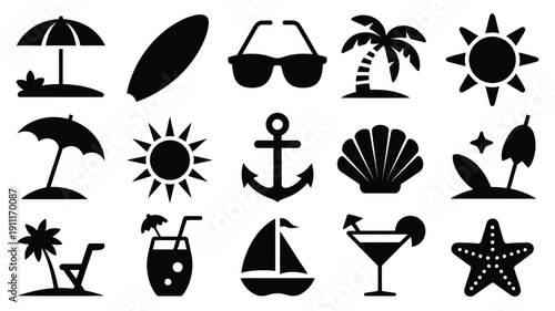 Black silhouettes of summer vacation and travel icons including beach tropical and leisure symbols