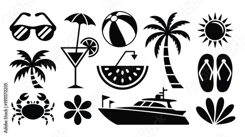 Black silhouette icons of beach party themed items on white background including sunglasses palm trees cocktail watermelon boat and flip flops for summer vacation design
