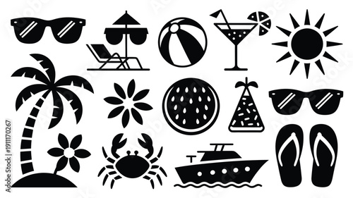 Beach party themed black silhouette vector icons set including sunglasses palm tree cruise ship and cocktail perfect for summer vacation and holiday designs