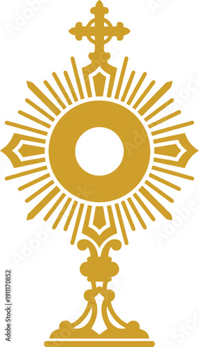 Golden monstrance vessel with a cross top and sunburst design, used for displaying the consecrated host in Catholic Eucharistic adoration, a sacred symbol of divine presence for worship on the altar.