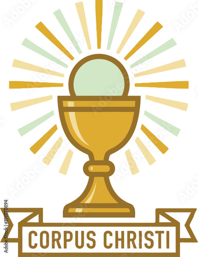 Golden chalice with host and radiating light rays, above a banner reading "CORPUS CHRISTI", a religious emblem design for the Catholic feast of the Eucharist and Holy Communion celebration.