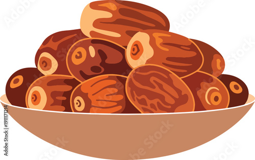 Bowl filled with healthy organic brown dates fruit isolated for breaking fast during religious holiday season representing traditional hospitality food