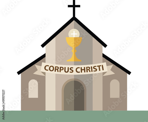 Flat design illustration of a Catholic church for Corpus Christi feast, featuring a banner with text and a golden chalice and host symbol, celebrating the religious holy day.