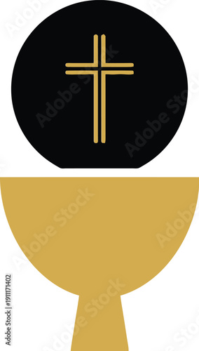 A golden chalice and a black host with a gold cross, a Christian symbol for Holy Communion and the Eucharist sacrament, religious icon for church service and liturgy, faith graphic design element.