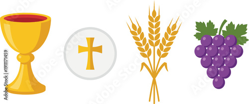 Christian Eucharist symbols set: golden chalice with wine, round host with cross, wheat sheaf, and purple grapes, religious icons for Holy Communion and sacrament celebration.