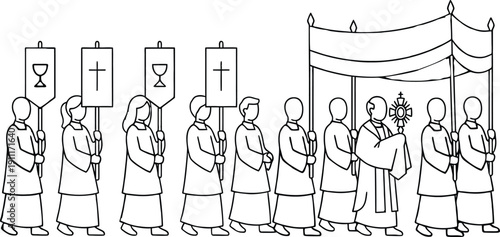 Religious procession line art with priest carrying monstrance under canopy, followed by people with banners showing chalice and cross, catholic corpus christi celebration ceremony, holy ritual march, 