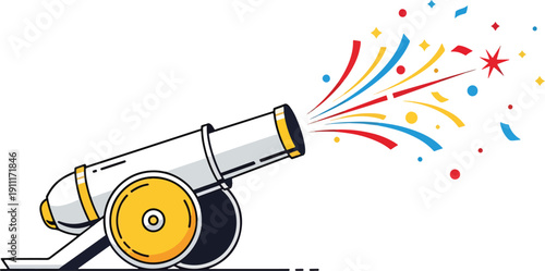 Celebration cannon firing confetti and streamers for festive event concept, party