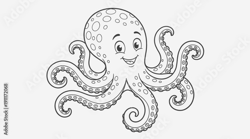 Smiling octopus vector illustration, black and white cartoon line art, eight arms with suction cups, friendly marine animal artwork, coloring page design for kids and education