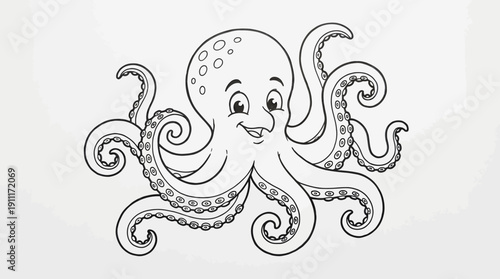 Smiling octopus vector illustration, black and white cartoon line art, eight arms with suction cups, friendly marine animal artwork, coloring page design for kids and education