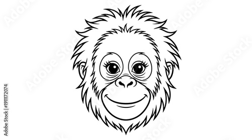 Smiling monkey face vector illustration, black and white cartoon line art, expressive eyes, wide grin, furry tufts, playful animal artwork for coloring pages and children’s design projects