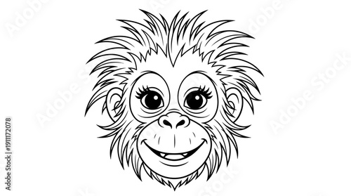 Smiling monkey face vector illustration, black and white cartoon line art, expressive eyes, wide grin, furry tufts, playful animal artwork for coloring pages and children’s design projects