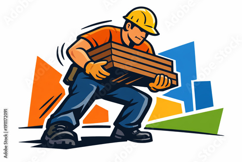 A construction worker in a hard hat carries a heavy load of wooden planks on a busy building site