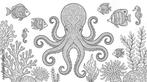 Intricate octopus vector illustration, black and white underwater line art, decorative patterned tentacles, surrounded by fish, coral, seaweed, marine life artwork for coloring pages and creative proj